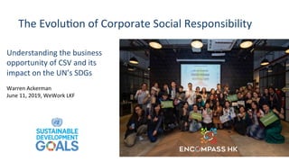 The	Evolu*on	of	Corporate	Social	Responsibility	
Understanding	the	business	
opportunity	of	CSV	and	its	
impact	on	the	UN’s	SDGs	
	
Warren	Ackerman	
June	11,	2019,	WeWork	LKF
 
