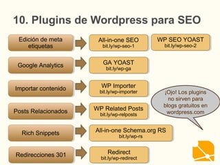 10. Plugins de Wordpress para SEO
¡Ojo! Los plugins
no sirven para
blogs gratuitos en
wordpress.com
Edición de meta
etiquetas
Edición de meta
etiquetas
All-in-one SEO
bit.ly/wp-seo-1
All-in-one SEO
bit.ly/wp-seo-1
WP SEO YOAST
bit.ly/wp-seo-2
WP SEO YOAST
bit.ly/wp-seo-2
Google AnalyticsGoogle Analytics GA YOAST
bit.ly/wp-ga
GA YOAST
bit.ly/wp-ga
Importar contenidoImportar contenido WP Importer
bit.ly/wp-importer
WP Importer
bit.ly/wp-importer
Rich SnippetsRich Snippets All-in-one Schema.org RS
bit.ly/wp-rs
All-in-one Schema.org RS
bit.ly/wp-rs
Posts RelacionadosPosts Relacionados WP Related Posts
bit.ly/wp-relposts
WP Related Posts
bit.ly/wp-relposts
Redirecciones 301Redirecciones 301 Redirect
bit.ly/wp-redirect
Redirect
bit.ly/wp-redirect
 