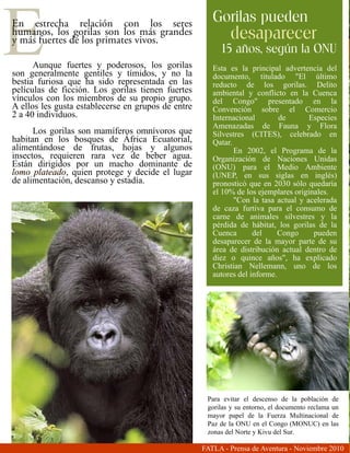 E     Aunque fuertes y poderosos, los gorilas
son generalmente gentiles y tímidos, y no la
bestia furiosa que ha sido representada en las
                                                       Gorilas pueden
                                                            desaparecer
                                                         15 años, según la ONU
                                                       Esta es la principal advertencia del
                                                       documento, titulado "El último
                                                       reducto de los gorilas. Delito
películas de ficción. Los gorilas tienen fuertes       ambiental y conflicto en la Cuenca
vínculos con los miembros de su propio grupo.          del Congo" presentado en la
A ellos les gusta establecerse en grupos de entre      Convención sobre el Comercio
2 a 40 individuos.                                     Internacional        de       Especies
                                                       Amenazadas de Fauna y Flora
      Los gorilas son mamíferos omnívoros que          Silvestres (CITES), celebrado en
habitan en los bosques de África Ecuatorial,           Qatar.
alimentándose de frutas, hojas y algunos                      En 2002, el Programa de la
insectos, requieren rara vez de beber agua.            Organización de Naciones Unidas
Están dirigidos por un macho dominante de              (ONU) para el Medio Ambiente
lomo plateado, quien protege y decide el lugar         (UNEP, en sus siglas en inglés)
de alimentación, descanso y estadía.                   pronosticó que en 2030 sólo quedaría
                                                       el 10% de los ejemplares originales.
                                                              "Con la tasa actual y acelerada
                                                       de caza furtiva para el consumo de
                                                       carne de animales silvestres y la
                                                       pérdida de hábitat, los gorilas de la
                                                       Cuenca       del     Congo     pueden
                                                       desaparecer de la mayor parte de su
                                                       área de distribución actual dentro de
                                                       diez o quince años", ha explicado
                                                       Christian Nellemann, uno de los
                                                       autores del informe.




                                                     Para evitar el descenso de la población de
                                                     gorilas y su entorno, el documento reclama un
                                                     mayor papel de la Fuerza Multinacional de
                                                     Paz de la ONU en el Congo (MONUC) en las
                                                     zonas del Norte y Kivu del Sur.

                                                    FATLA - Prensa de Aventura - Noviembre 2010
 