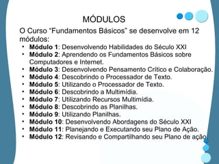 MÓDULOS O Curso “Fundamentos Básicos” se desenvolve em 12 módulos: Módulo 1 : Desenvolvendo Habilidades do Século XXI Módulo 2 : Aprendendo os Fundamentos Básicos sobre Computadores e Internet. Módulo 3 : Desenvolvendo Pensamento Crítico e Colaboração. Módulo 4 : Descobrindo o Processador de Texto. Módulo 5 : Utilizando o Processador de Texto. Módulo 6 : Descobrindo a Multimídia. Módulo 7 : Utilizando Recursos Multimídia. Módulo 8 : Descobrindo as Planilhas. Módulo 9 : Utilizando Planilhas. Módulo 10 : Desenvolvendo Abordagens do Século XXI Módulo 11 : Planejando e Executando seu Plano de Ação. Módulo 12 : Revisando e Compartilhando seu Plano de ação. 