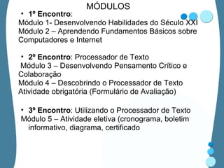 MÓDULOS 1º Encontro : Módulo 1- Desenvolvendo Habilidades do Século XXI Módulo 2 – Aprendendo Fundamentos Básicos sobre Computadores e Internet   2º Encontro : Processador de Texto   Módulo 3 – Desenvolvendo Pensamento Crítico e Colaboração Módulo 4 – Descobrindo o Processador de Texto Atividade obrigatória (Formulário de Avaliação) 3º Encontro : Utilizando o Processador de Texto Módulo 5 – Atividade eletiva (cronograma, boletim informativo, diagrama, certificado 