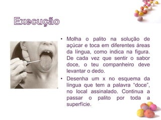 #
• Molha o palito na solução de
açúcar e toca em diferentes áreas
da língua, como indica na figura.
De cada vez que sentir o sabor
doce, o teu companheiro deve
levantar o dedo.
• Desenha um x no esquema da
língua que tem a palavra “doce”,
no local assinalado. Continua a
passar o palito por toda a
superfície.
 