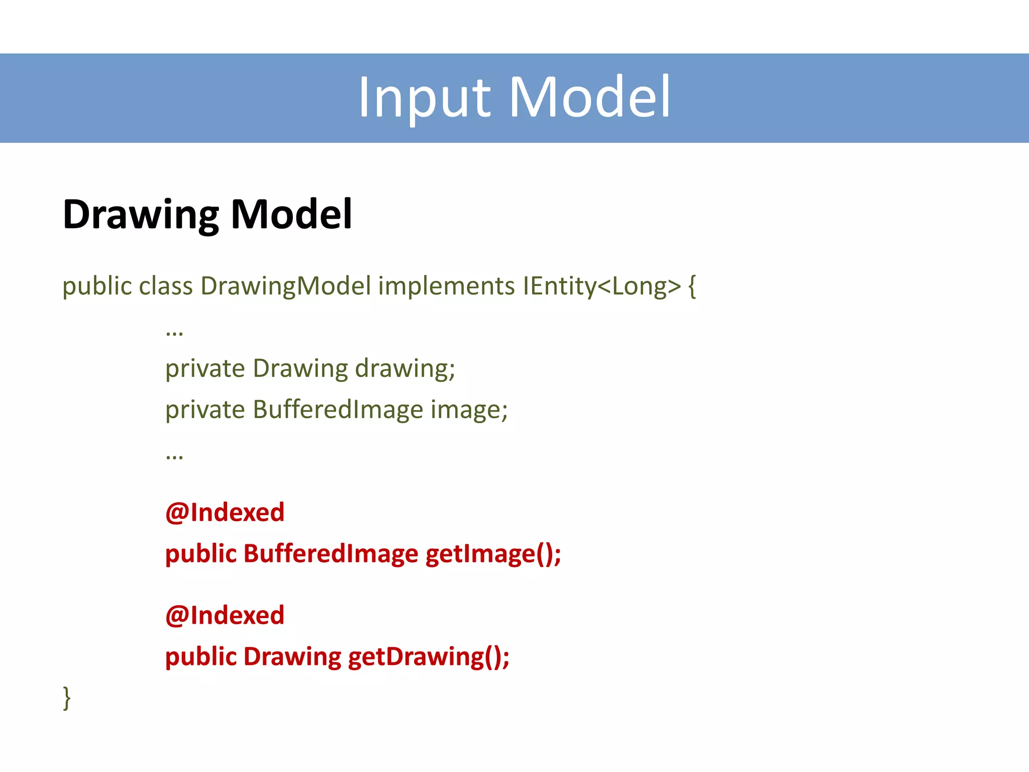 Input Model
Drawing Model
public class DrawingModel implements IEntity<Long> {
          …
          private Drawing drawing;
          private BufferedImage image;
          …

        @Indexed
        public BufferedImage getImage();

        @Indexed
        public Drawing getDrawing();
}
 