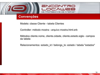 Convenções  Modelo: classe Cliente - tabela Clientes Controller: método mostra - arquivo mostra.html.erb Métodos cliente.nome, cliente.cidade, cliente.estado.sigla - campos da tabela Relacionamentos: estado_id / belongs_to :estado / tabela "estados" 