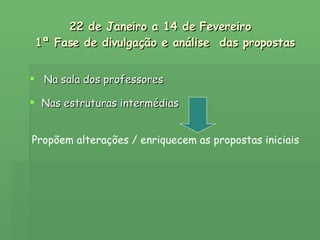 22 de Janeiro a 14 de Fevereiro   1ª Fase de divulgação e análise  das propostas Nas estruturas intermédias Propõem alterações / enriquecem as propostas iniciais Na sala dos professores 