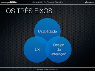 Interação 01: Os Eixos da Disciplina




OS TRÊS EIXOS


              Usabilidade


                                   Design
          UX                         de
                                 Interação


             INTERFACES II • tutoria 2012/1   4
 