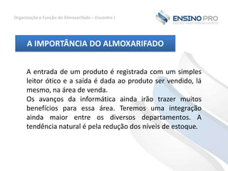 Organização e Função do Almoxarifado – Encontro I

A IMPORTÂNCIA DO ALMOXARIFADO
A entrada de um produto é registrada com um simples
leitor ótico e a saída é dada ao produto ser vendido, lá
mesmo, na área de venda.
Os avanços da informática ainda irão trazer muitos
benefícios para essa área. Teremos uma integração
ainda maior entre os diversos departamentos. A
tendência natural é pela redução dos níveis de estoque.

 