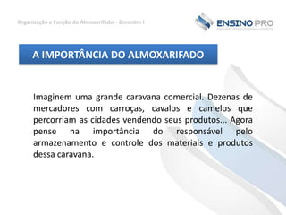 Organização e Função do Almoxarifado – Encontro I

A IMPORTÂNCIA DO ALMOXARIFADO

Imaginem uma grande caravana comercial. Dezenas de
mercadores com carroças, cavalos e camelos que
percorriam as cidades vendendo seus produtos... Agora
pense na importância do responsável pelo
armazenamento e controle dos materiais e produtos
dessa caravana.

 