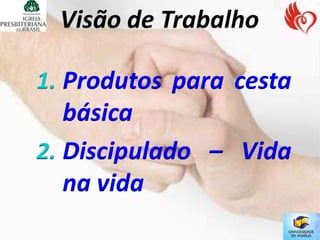 1. Produtos para cesta
   básica
2. Discipulado – Vida
   na vida
 