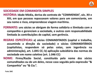 SOCIEDADE EM COMANDITA SIMPLES
HISTÓRIA: Idade Média, deriva do contrato de “COMMENDA”, séc. XII e
   XIII, em que pessoas repassavam valores para um comerciante, em
   seu nome e risco, empreendesse viagem marítima.
FORMATO: uns sócios se obrigam de forma solidária e ilimitada com a
   companhia e gerenciam a sociedade, e outros com responsabilidade
   limitada às contribuições de capital, sem gerência.
REGRAS ESPECÍFICAS: a) sócios COMANDITADOS (capital e trabalho,
  assumindo a direção da sociedade) e sócios COMANDITÁRIOS
  (capitalistas, respondem só pelas cotas, sem ingerência na
  administração), art. 1.045 CC; b) aplicação subsidiária das normas da
  sociedade em nome coletivo (art. 1.046 CC)
NOME: Firma/Razão Social, constituída pelo nome dos sócios
  comanditados ou de um deles, nesse caso seguida pela expressão “&
  Companhia” ou “& Cia.”.
 Fonte: SIAE
 
