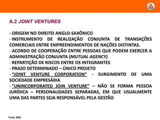 A.2 JOINT VENTURES

- ORIGEM NO DIREITO ANGLO-SAXÔNICO
- INSTRUMENTO DE REALIZAÇÃO CONJUNTA DE TRANSAÇÕES
COMERCIAIS ENTRE EMPREENDIMENTOS DE NAÇÕES DISTINTAS.
- ACORDO DE COOPERAÇÃO ENTRE PESSOAS QUE PODEM EXERCER A
ADMINISTRAÇÃO CONJUNTA (MUTUAL AGENCY)
- REPARTIÇÃO DE RISCOS ENTRE OS INTEGRANTES
- PRAZO DETERMINADO – ÚNICO PROJETO
- “JOINT VENTURE CORPORATION” - SURGIMENTO DE UMA
SOCIEDADE EMPRESÁRIA
- “UNINCORPORATED JOIN VENTURE” – NÃO SE FORMA PESSOA
JURÍDICA – PERSONALIDADES SEPARADAS, EM QUE USUALMENTE
UMA DAS PARTES SEJA RESPONSÁVEL PELA GESTÃO


Fonte: SIAE
 