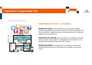 Introdução a Programação Web
HISTÓRIA DA INTERNET
PLATAFORMAS DIGITAIS – CATEGORIAS
Plataformas sociais: devem possibilitar aos usuários gerar negócios,
aumentar a satisfação de seus clientes; Diferenciar-se dos concorrentes e até
mesmo melhorar a imagem da empresa. Como exemplo temos o Facebook, o
LinkedIn, Pinterest entre outros,
Plataformas de conteúdo: são responsáveis por hospedarem conteúdo
sobre a empresa, marca e podem ser integradas ao site da empresa. Como
exemplo temos o Slideshare Portal da Oracle, Youtube;
Plataformas próprias: compreendem as ferramentas e mecanismos
utilizados pela empresa para a constituição de seu website ou de sua loja
virtual.
 