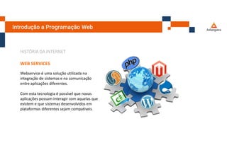 Introdução a Programação Web
HISTÓRIA DA INTERNET
WEB SERVICES
Webservice é uma solução utilizada na
integração de sistemas e na comunicação
entre aplicações diferentes.
Com esta tecnologia é possível que novas
aplicações possam interagir com aquelas que já
existem e que sistemas desenvolvidos em
plataformas diferentes sejam compatíveis.
 