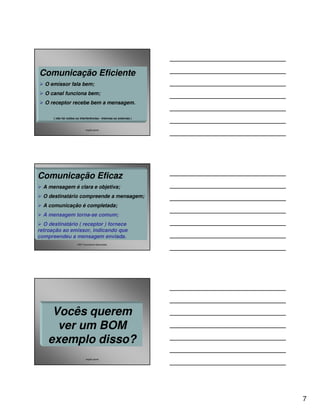 Comunicação Eficiente
   O emissor fala bem;
   O canal funciona bem;
   O receptor recebe bem a mensagem.

      ( não há ruídos ou interferências - internas ou externas )


                              angelo peres




Comunicação Eficaz
  A mensagem é clara e objetiva;
  O destinatário compreende a mensagem;
  A comunicação é completada;
  A mensagem torna-se comum;
  O destinatário ( receptor ) fornece
retroação ao emissor, indicando que
compreendeu a mensagem enviada.
                       P&P Consultores Associados




     Vocês querem
      ver um BOM
    exemplo disso?
                              angelo peres




                                                                   7
 