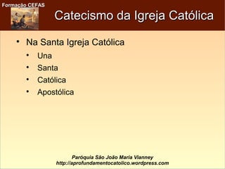 Formação CEFASFormação CEFAS
Paróquia São João Maria Vianney
http://aprofundamentocatolico.wordpress.com
Catecismo da Igreja CatólicaCatecismo da Igreja Católica

Na Santa Igreja Católica

Una

Santa

Católica

Apostólica
 