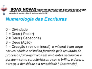 BOAS NOVAS CENTRO DE VIVENCIA ESTUDO E CULTURA
.
..os pés do que anuncia as boas novas, que faz ouvir a paz, do que anuncia o bem, que faz ouvir a
salvação, do que diz a Sião: O teu Deus reina! Is. 52:7
Numerologia das Escrituras
0 = Divindade
1 = Deus ( Poder)
2 = Deus ( Sabedoria)
3 = Deus (Ação)
4 = Creação ( reino mineral) o mineral é um corpo
natural sólido e cristalino formado pelo resultado de
processos físico-químicos em ambientes geológicos e
possuem como características a cor, o brilho, a dureza,
o traço, a densidade e a tenacidade ( Constancia).
 