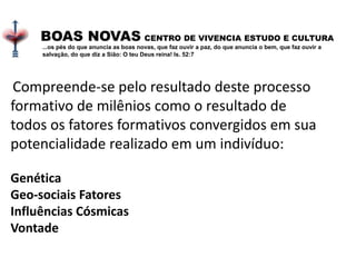 Compreende-se pelo resultado deste processo
formativo de milênios como o resultado de
todos os fatores formativos convergidos em sua
potencialidade realizado em um indivíduo:
Genética
Geo-sociais Fatores
Influências Cósmicas
Vontade
BOAS NOVAS CENTRO DE VIVENCIA ESTUDO E CULTURA
...os pés do que anuncia as boas novas, que faz ouvir a paz, do que anuncia o bem, que faz ouvir a
salvação, do que diz a Sião: O teu Deus reina! Is. 52:7
 