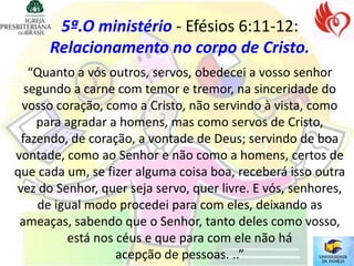 5ª.O ministério - Efésios 6:11-12:
      Relacionamento no corpo de Cristo.
   “Quanto a vós outros, servos, obedecei a vosso senhor
  segundo a carne com temor e tremor, na sinceridade do
 vosso coração, como a Cristo, não servindo à vista, como
    para agradar a homens, mas como servos de Cristo,
 fazendo, de coração, a vontade de Deus; servindo de boa
vontade, como ao Senhor e não como a homens, certos de
que cada um, se fizer alguma coisa boa, receberá isso outra
vez do Senhor, quer seja servo, quer livre. E vós, senhores,
    de igual modo procedei para com eles, deixando as
 ameaças, sabendo que o Senhor, tanto deles como vosso,
         está nos céus e que para com ele não há
                  acepção de pessoas. ..”
 