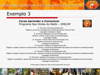 Exemplo 3  Curso  Aprender e Comunicar  Programa Nas Ondas do Rádio – SME/SP 1º. Encontro: Educomunicação (4h) Objetivo: promover o protagonismo infanto-juvenil por meio da TICs. Linguagem impressa e digital. 2º. Encontro: Mediação de Comunicação (4h) Objetivo: ampliar redes sociais de aprendizagens. Linguagem Digital. 3º. Encontro: Leitura Crítica da Comunicação (4h) Objetivo: promover a cultura da paz. Linguagem Audiovisual. 4º. Encontro: Gestão do Conhecimento (4h) Objetivo: ampliar a base de conhecimento, visando o aumento da efetividade das ações promovidas no ambiente escolar.  Linguagem Audiovisual. 5º. Encontro: Gestão do Conhecimento (4h) Objetivo: ampliar a base de conhecimento, visando o aumento da efetividade das ações promovidas no ambiente escolar.  Linguagem Audiovisual. 6º. Encontro: Gestão de Processos Comunicacionais (4h) Objetivo: possibilitar o desenvolvimento da expressão comunicativa na consolidação do ecossistema educomunicativo.  Linguagem Audiovisual. Informações e Reservas: http://nasondasdoradio.ning.com/ 