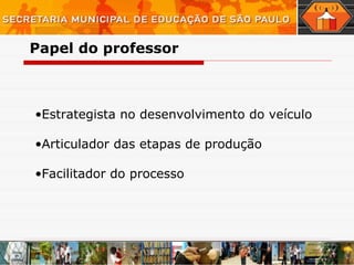 Estrategista no desenvolvimento do veículo Articulador das etapas de produção Facilitador do processo Papel do professor 