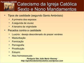 Formação CEFASFormação CEFAS
Paróquia São João Maria Vianney
http://aprofundamentocatolico.wordpress.com
Catecismo da Igreja CatólicaCatecismo da Igreja Católica
Sexto e Nono MandamentosSexto e Nono Mandamentos

Tipos de castidade (segundo Santo Ambrósio)

A primeira dos esposos

A segunda da viuvez

A terceira da virgindade

Pecados contra a castidade

Luxúria : desejo desordenado do prazer venéreo

Masturbação

Fornicação

Pornografia

Prostituição

Estupro

Atos homossexuais
 