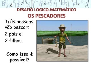 DESAFIO LOGICO-MATEMÁTICO 
OS PESCADORES 
Três pessoas 
vão pescar: 
2 pais e 
2 filhos. 
Como isso é 
possível? 
 