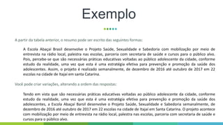 Exemplo
A partir da tabela anterior, o resumo pode ser escrito das seguintes formas:
A Escola Abaçaí Brasil desenvolve o Projeto Saúde, Sexualidade e Sabedoria com mobilização por meio de
entrevista na rádio local, palestra nas escolas, parceria com secretaria de saúde e cursos para o público alvo.
Pois, percebe-se que são necessárias práticas educativas voltadas ao público adolescente da cidade, conforme
estudo da realidade, uma vez que esta é uma estratégia efetiva para prevenção e promoção da saúde dos
adolescentes. Assim, o projeto é realizado semanalmente, de dezembro de 2016 até outubro de 2017 em 22
escolas na cidade de Itajaí em santa Catarina.
Você pode criar variações, alterando a ordem das respostas:
Tendo em vista que são necessárias práticas educativas voltadas ao público adolescente da cidade, conforme
estudo da realidade, uma vez que esta é uma estratégia efetiva para prevenção e promoção da saúde dos
adolescentes, a Escola Abaçaí Barsil desenvolve o Projeto Saúde, Sexualidade e Sabedoria semanalmente, de
dezembro de 2016 até outubro de 2017 em 22 escolas na cidade de Itajaí em Santa Catarina. O projeto acontece
com mobilização por meio de entrevista na rádio local, palestra nas escolas, parceria com secretaria de saúde e
cursos para o público alvo.
 