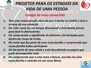 Estágio do novo convertido
1. Tem uma compreensão clara do que é tornar-se cristão e tem a
   certeza da sua salvação.
2. Ele sabe como ter um tempo devocional e está dando passos
   para fazê-lo diariamente.
3. Ele compreende o significado do batismo e foi batizado para
   dentro do Corpo de Cristo.
4. Ele sente que faz parte de uma nova família e compreende que
   nessa família todos participam.
5. Ele faz parte de uma célula e está descobrindo os papeis que
   pode desempenhar nela.
6. Ele compreende que é uma nova criatura, nascido em uma
   nova família e vivendo em um novo Reino.
 