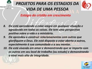 Estágio do cristão em crescimento

8. Ele está aprendendo a estar alegre em qualquer situação e
    agradecido em todas as coisas. Ele tem uma perspectiva
    positiva sobre a vida e o ministério.
9. Ele aprendeu a construir relacionamentos com outros que
    glorifiquem a Deus. Ele está disposto a estar aberto a outros,
    especialmente à sua comunidade e a seu mentor.
10. Ele está vivendo em amor e demonstrando que se importa com
    os outros em seu local de trabalho (ou estudo) e demonstrando
    o nível mais alto de integridade.
 