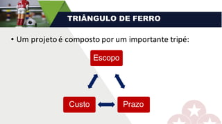 • Um	projeto	é	composto	por	um	importante	tripé:
TRIÂNGULO DE FERRO
Escopo
PrazoCusto
 