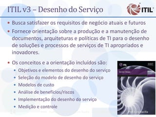 ITIL v3 – Desenho do Serviço
 Busca satisfazer os requisitos de negócio atuais e futuros
 Fornece orientação sobre a produção e a manutenção de
  documentos, arquiteturas e políticas de TI para o desenho
  de soluções e processos de serviços de TI apropriados e
  inovadores.
 Os conceitos e a orientação incluídos são:
   Objetivos e elementos do desenho do serviço
   Seleção do modelo de desenho do serviço
   Modelos de custo
   Análise de benefícios/riscos
   Implementação do desenho do serviço
   Medição e controle
 14            MBA - Auditoria de TI - Prof. Ciro Bacilla - cbacilla@gmail.com   Prof. Ciro Bacilla
 
