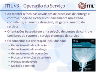 ITIL v3 – Operação do Serviço
 Ao manter o foco nas atividades de processos de entrega e
  controle, pode-se alcançar cotidianamente um estado
  consistente, altamente desejável, de gerenciamento de
  serviços.
 Orientações baseada em uma seleção de pontos de controle
  familiares de suporte a serviço e entrega de serviço
 Os conceitos e a orientação incluídos são:
   Gerenciamento de aplicação
   Gerenciamento de mudança
   Gerenciamento de operações
   Processos e funções de controle
   Práticas escalonáveis
   Medição e controle
 23           MBA - Auditoria de TI - Prof. Ciro Bacilla - cbacilla@gmail.com   Prof. Ciro Bacilla
 