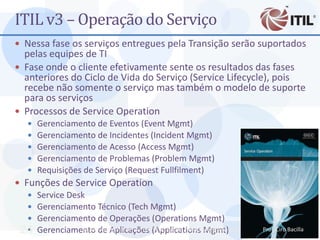 ITIL v3 – Operação do Serviço
 Nessa fase os serviços entregues pela Transição serão suportados
  pelas equipes de TI
 Fase onde o cliente efetivamente sente os resultados das fases
  anteriores do Ciclo de Vida do Serviço (Service Lifecycle), pois
  recebe não somente o serviço mas também o modelo de suporte
  para os serviços
 Processos de Service Operation
       Gerenciamento de Eventos (Event Mgmt)
       Gerenciamento de Incidentes (Incident Mgmt)
       Gerenciamento de Acesso (Access Mgmt)
       Gerenciamento de Problemas (Problem Mgmt)
       Requisições de Serviço (Request Fullfilment)
 Funções de Service Operation
    Service Desk
    Gerenciamento Técnico (Tech Mgmt)
    Gerenciamento de Operações (Operations Mgmt)
 24 Gerenciamento -de Aplicações (Applications Mgmt)
                MBA Auditoria de TI - Prof. Ciro Bacilla - cbacilla@gmail.com   Prof. Ciro Bacilla
 
