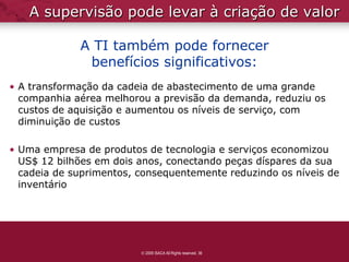 A supervisão pode levar à criação de valor

             A TI também pode fornecer
              benefícios significativos:
• A transformação da cadeia de abastecimento de uma grande
  companhia aérea melhorou a previsão da demanda, reduziu os
  custos de aquisição e aumentou os níveis de serviço, com
  diminuição de custos

• Uma empresa de produtos de tecnologia e serviços economizou
  US$ 12 bilhões em dois anos, conectando peças díspares da sua
  cadeia de suprimentos, consequentemente reduzindo os níveis de
  inventário




                          2009 ISACA All Rights reserved. 36
 