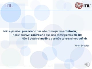 ITIL




Não é possível gerenciar o que não conseguimos controlar;
       Não é possível controlar o que não conseguimos medir;
               Não é possível medir o que não conseguimos definir.

                                                                                  Peter Drucker




  5             MBA - Auditoria de TI - Prof. Ciro Bacilla - cbacilla@gmail.com   Prof. Ciro Bacilla
 