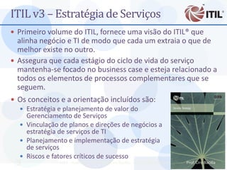 ITIL v3 – Estratégia de Serviços
 Primeiro volume do ITIL, fornece uma visão do ITIL® que
  alinha negócio e TI de modo que cada um extraia o que de
  melhor existe no outro.
 Assegura que cada estágio do ciclo de vida do serviço
  mantenha-se focado no business case e esteja relacionado a
  todos os elementos de processos complementares que se
  seguem.
 Os conceitos e a orientação incluídos são:
   Estratégia e planejamento de valor do
    Gerenciamento de Serviços
   Vinculação de planos e direções de negócios a
    estratégia de serviços de TI
   Planejamento e implementação de estratégia
    de serviços
   Riscos e fatores críticos de sucesso
 9             MBA - Auditoria de TI - Prof. Ciro Bacilla - cbacilla@gmail.com   Prof. Ciro Bacilla
 