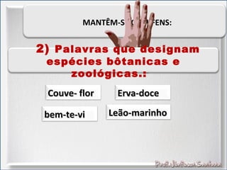 MANTÊM-SE OS HÍFENS:
2) Palavras que designam
espécies bôtanicas e
zoológicas.:
Couve- florCouve- flor Erva-doceErva-doce
bem-te-vibem-te-vi Leão-marinhoLeão-marinho
 
