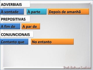À vontadeÀ vontade
ADVERBIAISADVERBIAIS
À parteÀ parte Depois de amanhãDepois de amanhã
A fim deA fim de
PREPOSITIVASPREPOSITIVAS
A par deA par de
Contanto queContanto que
CONJUNCIONAISCONJUNCIONAIS
No entantoNo entanto
 