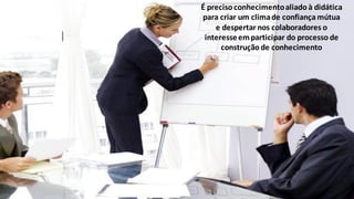 É	preciso	conhecimento	aliado	à	didática	
para	criar	um	clima	de	confiança	mútua	
e	despertar	nos	colaboradores	o	
interesse	em	participar	do	processo	de	
construção	de	conhecimento
 