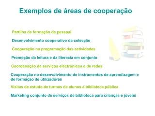 Exemplos de áreas de cooperação
Partilha de formação de pessoal
Desenvolvimento cooperativo da colecção
Cooperação na programação das actividades
Promoção da leitura e da literacia em conjunto
Coordenação de serviços electrónicos e de redes
Cooperação no desenvolvimento de instrumentos de aprendizagem e
de formação de utilizadores
Visitas de estudo de turmas de alunos à biblioteca pública
Marketing conjunto de serviços de biblioteca para crianças e jovens
 