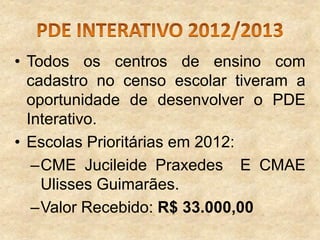 • Todos os centros de ensino com
cadastro no censo escolar tiveram a
oportunidade de desenvolver o PDE
Interativo.
• Escolas Prioritárias em 2012:
–CME Jucileide Praxedes E CMAE
Ulisses Guimarães.
–Valor Recebido: R$ 33.000,00

 
