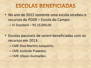 • No ano de 2012 somente uma escola recebeu o
recursos do PDDE – Escola do Campo:
– EI Zozoiterô – R$ 15.000,00

• Escolas passíveis de serem beneficiadas com os
recursos em 2013:
– CME Diva Martins Junqueira;
– CME Jucileide Praxedes;
– CME Ulisses Guimarães.

 