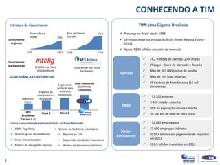 CONHECENDO A TIM
Receita Bruta
(R$ Bi)
Base de Clientes
EoP (Mi)
1998 2013 1998 1T14
15.000 km de fibra
ótica backbone
5.500 km de fibra ótica
backhauling
Crescimento
orgânico
Crescimento
via Aquisição
TIM: Uma Gigante Brasileira
 Presença no Brasil desde 1998.
 16a maior empresa privada do Brasil (fonte: Revista Exame -
2013).
 Aprox. R$30 bilhões em valor de mercado.
 74,2 milhões de clientes (27% Share)
 2º Lugar - Share de Mercado e Receita
 Mais de 383.000 pontos de vendas
 Mais de 165 lojas próprias
 15 Centrais de Atendimento (16 mil
atendentes)
 ~13.100 antenas
 3.429 cidades cobertas
 95% da população urbana coberta
 50.200 km de rede de fibra ótica
 ~12.480 empregados
 23.000 empregos indiretos
 R$10,4 bilhões em pagamento de impostos
em 2013
 R$3,9 bilhões investidos em 2013
Vendas
Rede
Sócio-
Econômico
73,9
29,6
Estrutura de Crescimento
Leis
Brasileiras
“Lei das S.A”
Nível 1 Nível 2
Exigências
Legais
Exigência de
transparência e
divulgações
Nível máximo de
Governança
Corporativa
Exigência de
proteção para
acionistas
minoritários
Única companhia de telecom listada no Novo Mercado
GOVERNANÇA CORPORATIVA
 100% Tag Along
 Direitos iguais de dividendos
 Única classe de ações
 Política de divulgação rigorosa
 Comitê de Auditória Estatutário
• Reporte ao CdA
• Supervisão dos dados financeiros
• Análise de denúncias anônimas
3
 