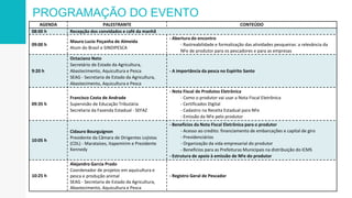 PROGRAMAÇÃO DO EVENTO
AGENDA PALESTRANTE CONTEÚDO
08:00 h Recepção dos convidados e café da manhã
09:00 h
Mauro Lucio Peçanha de Almeida
Atum do Brasil e SINDIPESCA
- Abertura do encontro
- Rastreabilidade e formalização das atividades pesqueiras: a relevância da
NFe de produtor para os pescadores e para as empresas
9:20 h
Octaciano Neto
Secretário de Estado da Agricultura,
Abastecimento, Aquicultura e Pesca
SEAG - Secretaria de Estado da Agricultura,
Abastecimento, Aquicultura e Pesca
- A importância da pesca no Espírito Santo
09:35 h
Francisco Costa de Andrade
Supervisão de Educação Tributária
Secretaria da Fazenda Estadual - SEFAZ
- Nota Fiscal de Produtos Eletrônica
- Como o produtor vai usar a Nota Fiscal Eletrônica
- Certificados Digital
- Cadastro na Receita Estadual para NFe
- Emissão da NFe pelo produtor
10:05 h
Cidauro Bourguignon
Presidente da Câmara de Dirigentes Lojistas
(CDL) - Marataízes, Itapemirim e Presidente
Kennedy
- Benefícios da Nota Fiscal Eletrônica para o produtor
- Acesso ao credito: financiamento de embarcações e capital de giro
- Previdenciários
- Organização da vida empresarial do produtor
- Benefícios para as Prefeituras Municipais na distribuição do ICMS
- Estrutura de apoio à emissão de NFe do produtor
10:25 h
Alejandro Garcia Prado
Coordenador de projetos em aquicultura e
pesca e produção animal
SEAG - Secretaria de Estado da Agricultura,
Abastecimento, Aquicultura e Pesca
- Registro Geral de Pescador
 