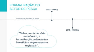FORMALIZAÇÃO DO
SETOR DE PESCA 2003 / 6,46Kg
2015 / 14,30Kg
Consumo de pescados no Brasil
“Sob o ponto de vista
econômico, a
formalização potencializa
benefícios empresariais e
regionais”.
 