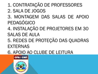 1. CONTRATAÇÃO DE PROFESSORES
2. SALA DE JOGOS
3. MONTAGEM DAS SALAS DE APOIO
PEDAGÓGICO
4. INSTALAÇÃO DE PROJETORES EM 30
SALAS DE AULA
5. REDES DE PROTEÇÃO DAS QUADRAS
EXTERNAS
6. APOIO AO CLUBE DE LEITURA
 