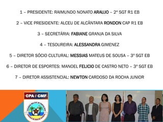 1 – PRESIDENTE: RAIMUNDO NONATO ARAUJO – 2º SGT R1 EB
2 – VICE PRESIDENTE: ALCEU DE ALCÂNTARA RONDON CAP R1 EB
3 – SECRETÁRIA: FABIANE GRANJA DA SILVA
4 – TESOUREIRA: ALESSANDRA GIMENEZ
5 – DIRETOR SÓCIO CULTURAL: MESSIAS MATEUS DE SOUSA – 3º SGT EB
6 – DIRETOR DE ESPORTES: MANOEL FELICIO DE CASTRO NETO – 3º SGT EB
7 – DIRETOR ASSISTENCIAL: NEWTON CARDOSO DA ROCHA JUNIOR
 