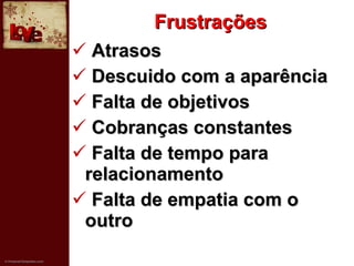 Frustrações Atrasos Descuido com a aparência Falta de objetivos Cobranças constantes Falta de tempo para relacionamento Falta de empatia com o outro 