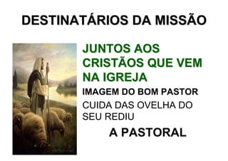 DESTINATÁRIOS DA MISSÃO

       JUNTOS AOS
       CRISTÃOS QUE VEM
       NA IGREJA
       IMAGEM DO BOM PASTOR
       CUIDA DAS OVELHA DO
       SEU REDIU
           A PASTORAL
 