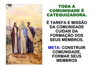 TODA A
 COMUNIDADE É
CATEQUIZADORA.
É TAREFA E MISSÃO
 DA COMUNIDADE
    CUIDAR DA
  FORMAÇÃO DOS
  SEUS MEMBROS.
META: CONSTRUIR
 COMUNIDADE,
 FORMAR SEUS
   MEMBROS
 